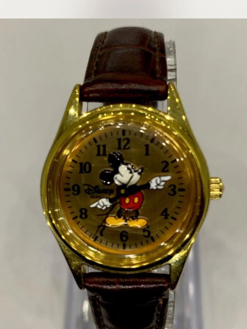 ^^^ Disney ***3d Mickey Mouse Gold Tone Watch” Tan Brown Leather Strap  ***